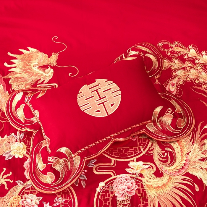 91家纺网 家纺一手货源 找家纺 慕她家纺 2026年全棉纯棉婚庆四件套大红色刺绣结床上用品（床盖款加40） 龙凤报喜