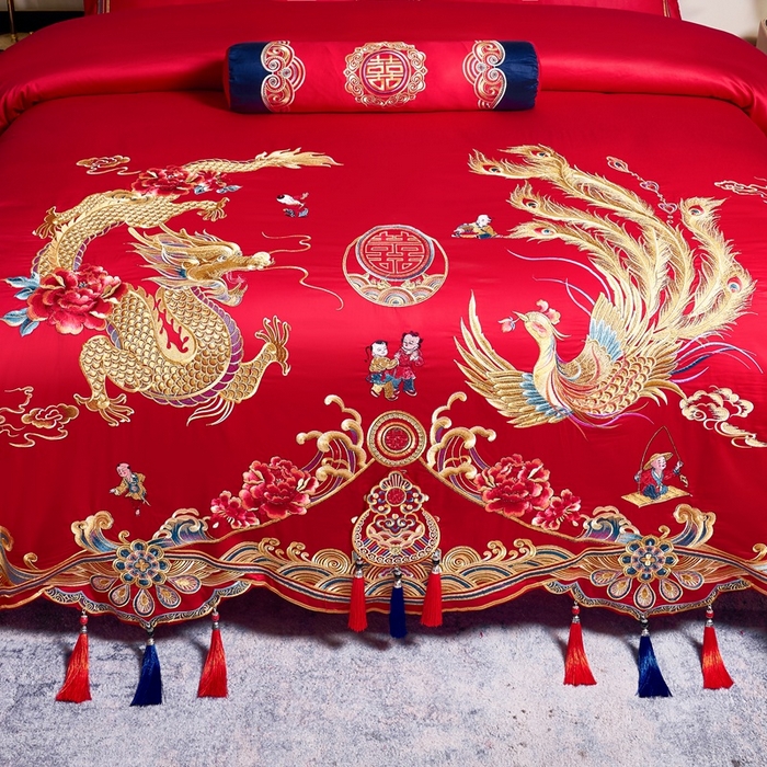 91家纺网 家纺一手货源 找家纺 慕她家纺 2026年全棉纯棉婚庆四件套大红色刺绣结床上用品（床盖款加40） 龙凤百子