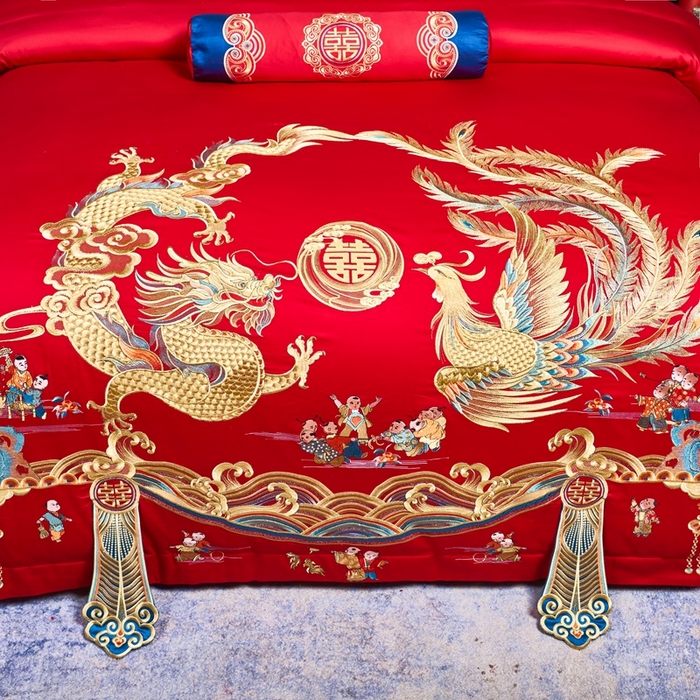 91家纺网 家纺一手货源 找家纺 慕她家纺 2026年全棉纯棉婚庆四件套大红色刺绣结床上用品（床盖款加40） 盛世红妆