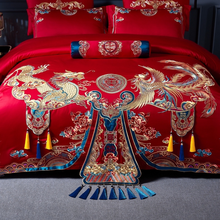 91家纺网 家纺一手货源 找家纺 慕她家纺 2026年全棉纯棉婚庆四件套大红色刺绣结床上用品（床盖款加40） 礼赞唐朝