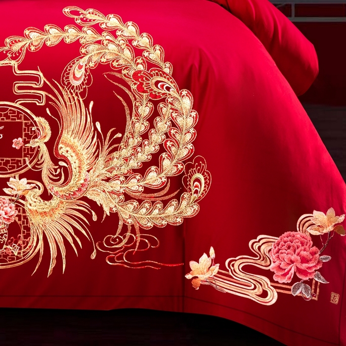 91家纺网 家纺一手货源 找家纺 慕她家纺 2026年全棉纯棉婚庆四件套大红色刺绣结床上用品（床盖款加40） 龙凤报喜