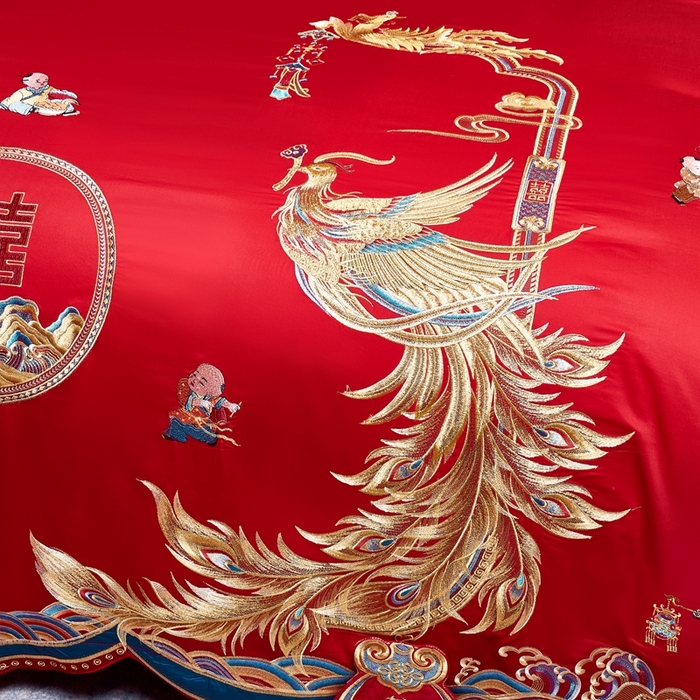 91家纺网 家纺一手货源 找家纺 慕她家纺 2026年全棉纯棉婚庆四件套大红色刺绣结床上用品（床盖款加40） 龙凤瑞彩