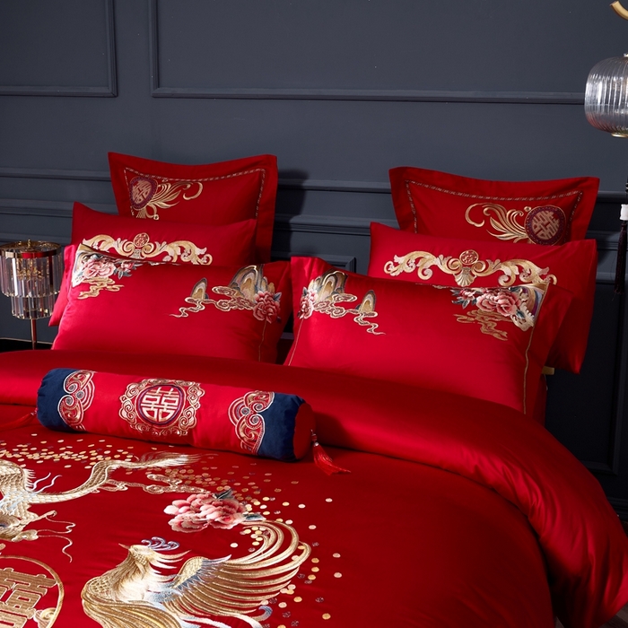 91家纺网 家纺一手货源 找家纺 慕她家纺 2026年全棉纯棉婚庆四件套大红色刺绣结床上用品（床盖款加40） 琴瑟和鸣