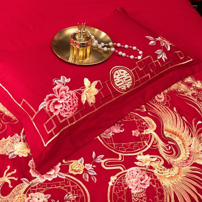 91家纺网 家纺一手货源 找家纺 慕她家纺 2026年全棉纯棉婚庆四件套大红色刺绣结床上用品（床盖款加40） 龙凤报喜