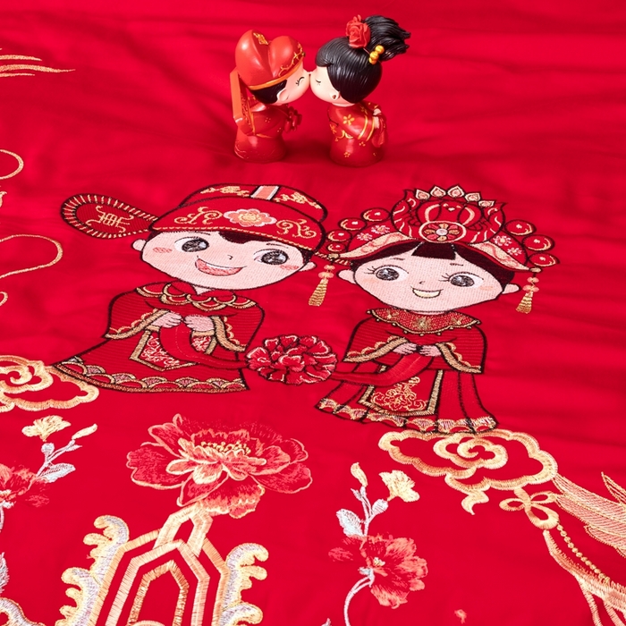91家纺网 家纺一手货源 找家纺 慕她家纺 2026年全棉纯棉婚庆四件套大红色刺绣结床上用品（床盖款加40） 龙凤迎亲