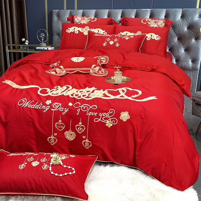91家纺网 家纺一手货源 找家纺 慕她家纺 2026年全棉纯棉婚庆四件套大红色刺绣结床上用品（床盖款加40） 浪漫喜事