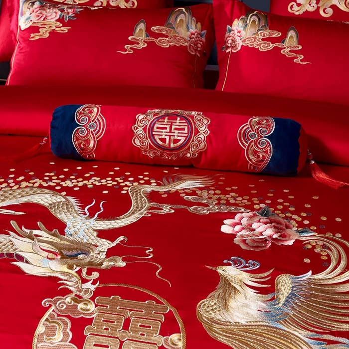91家纺网 家纺一手货源 找家纺 慕她家纺 2026年全棉纯棉婚庆四件套大红色刺绣结床上用品（床盖款加40） 琴瑟和鸣