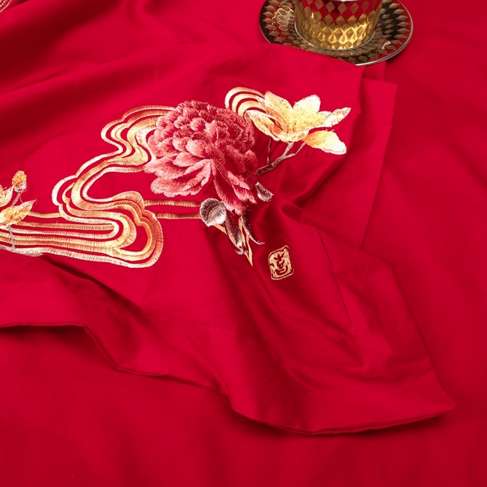 91家纺网 家纺一手货源 找家纺 慕她家纺 2026年全棉纯棉婚庆四件套大红色刺绣结床上用品（床盖款加40） 龙凤报喜