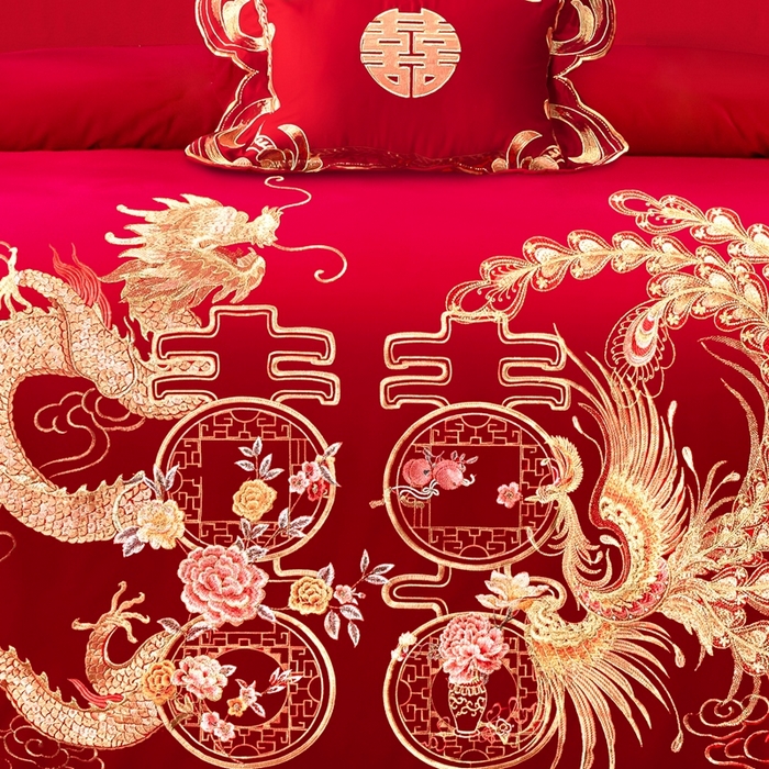 91家纺网 家纺一手货源 找家纺 慕她家纺 2026年全棉纯棉婚庆四件套大红色刺绣结床上用品（床盖款加40） 龙凤报喜