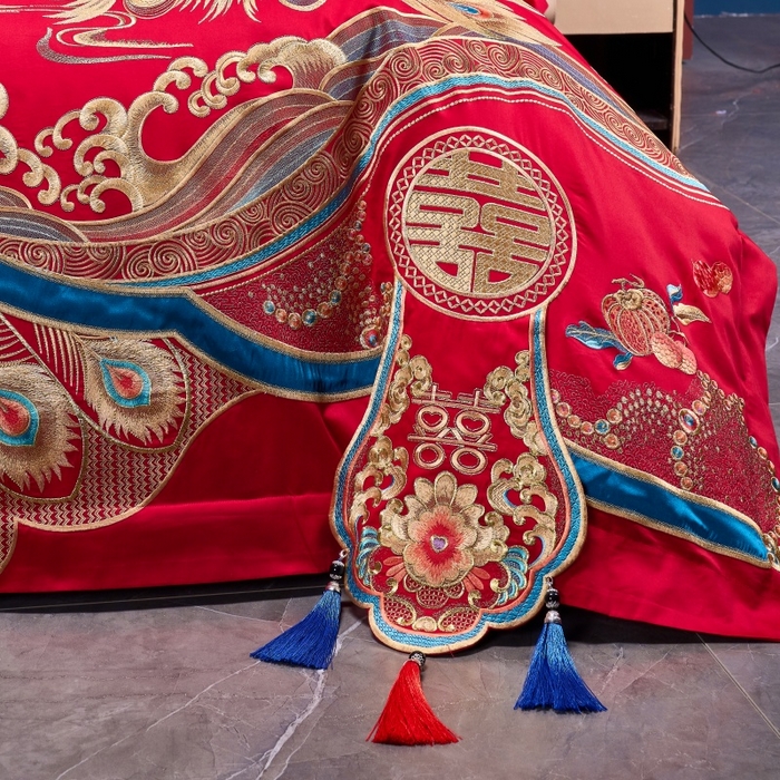 91家纺网 家纺一手货源 找家纺 慕她家纺 2026年全棉纯棉婚庆四件套大红色刺绣结床上用品（床盖款加40） 盛唐婚礼