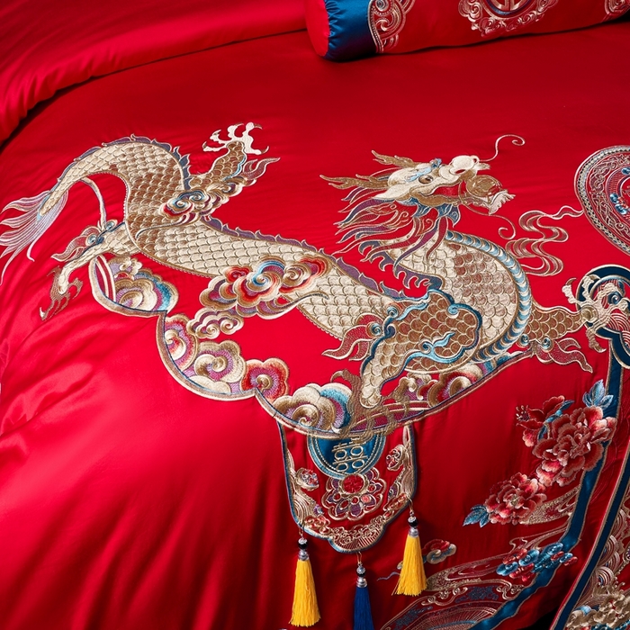 91家纺网 家纺一手货源 找家纺 慕她家纺 2026年全棉纯棉婚庆四件套大红色刺绣结床上用品（床盖款加40） 礼赞唐朝