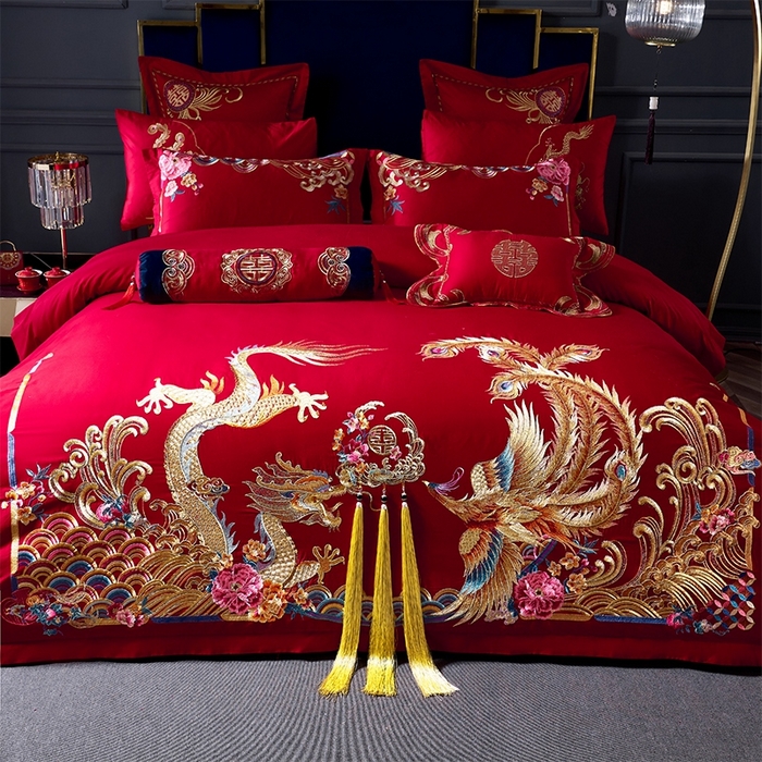 91家纺网 家纺一手货源 找家纺 慕她家纺 2026年全棉纯棉婚庆四件套大红色刺绣结床上用品（床盖款加40） 长绒棉-欢喜龙凤