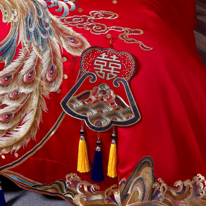 91家纺网 家纺一手货源 找家纺 慕她家纺 2026年全棉纯棉婚庆四件套大红色刺绣结床上用品（床盖款加40） 琴瑟和鸣