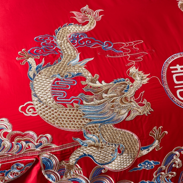 91家纺网 家纺一手货源 找家纺 慕她家纺 2026年全棉纯棉婚庆四件套大红色刺绣结床上用品（床盖款加40） 龙凤婚约