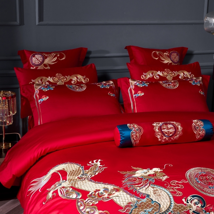 91家纺网 家纺一手货源 找家纺 慕她家纺 2026年全棉纯棉婚庆四件套大红色刺绣结床上用品（床盖款加40） 礼赞唐朝