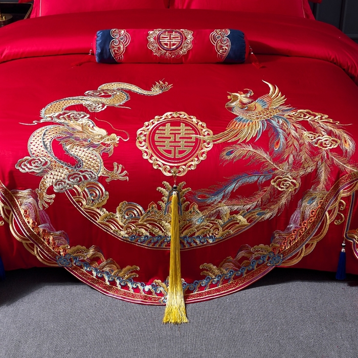 91家纺网 家纺一手货源 找家纺 慕她家纺 2026年全棉纯棉婚庆四件套大红色刺绣结床上用品（床盖款加40） 锦绣龙凤