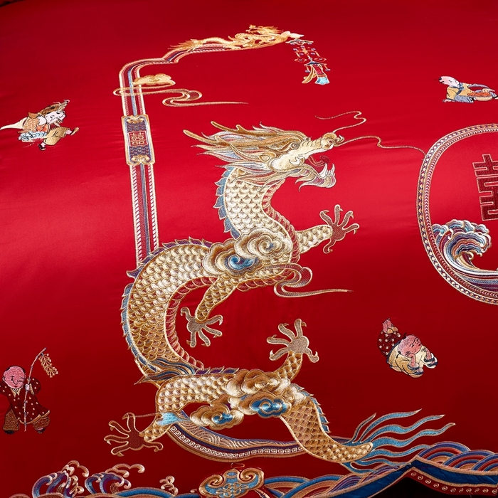 91家纺网 家纺一手货源 找家纺 慕她家纺 2026年全棉纯棉婚庆四件套大红色刺绣结床上用品（床盖款加40） 龙凤瑞彩