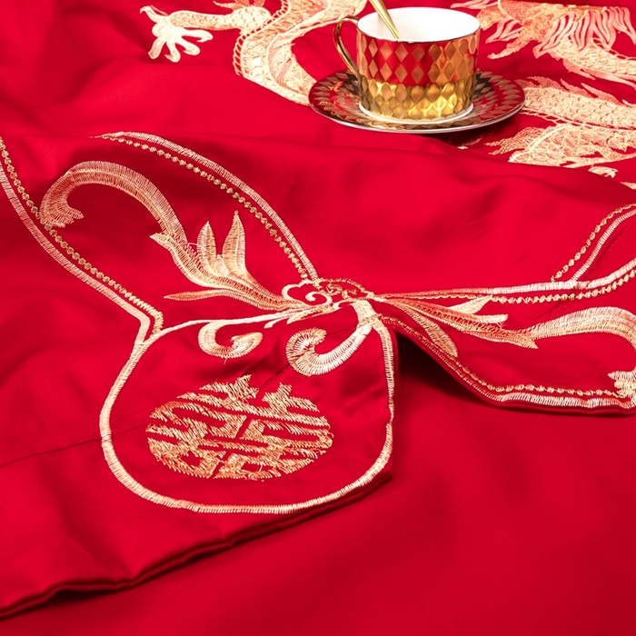 91家纺网 家纺一手货源 找家纺 慕她家纺 2026年全棉纯棉婚庆四件套大红色刺绣结床上用品（床盖款加40） 龙凤迎亲