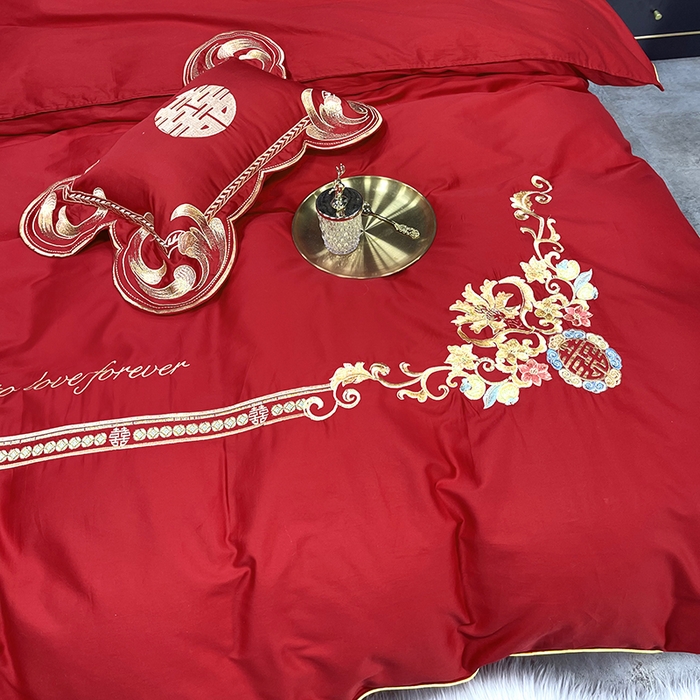91家纺网 家纺一手货源 找家纺 慕她家纺 2026年全棉纯棉婚庆四件套大红色刺绣结床上用品（床盖款加40） 永浴爱河