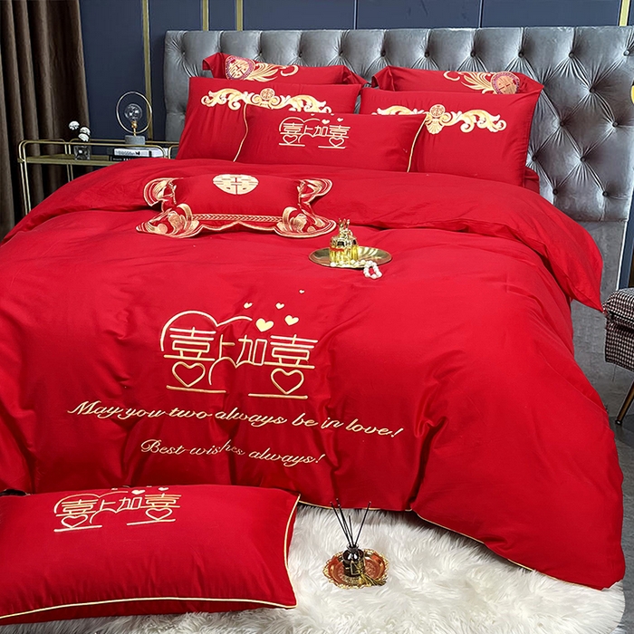 91家纺网 家纺一手货源 找家纺 慕她家纺 2026年全棉纯棉婚庆四件套大红色刺绣结床上用品（床盖款加40） 喜上加喜