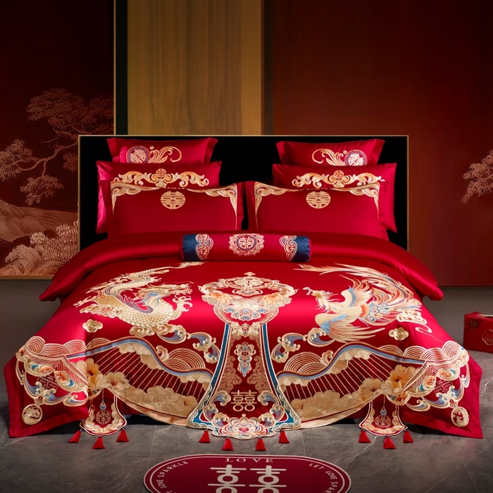 91家纺网 家纺一手货源 找家纺 慕她家纺 2026年全棉纯棉婚庆四件套大红色刺绣结床上用品（床盖款加40） 鸾凤和鸣