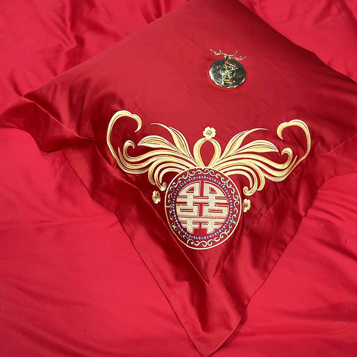 91家纺网 家纺一手货源 找家纺 慕她家纺 2026年全棉纯棉婚庆四件套大红色刺绣结床上用品（床盖款加40） 喜上加喜