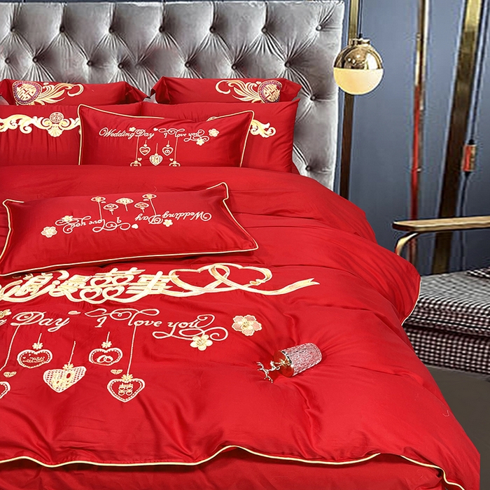 91家纺网 家纺一手货源 找家纺 慕她家纺 2026年全棉纯棉婚庆四件套大红色刺绣结床上用品（床盖款加40） 浪漫喜事