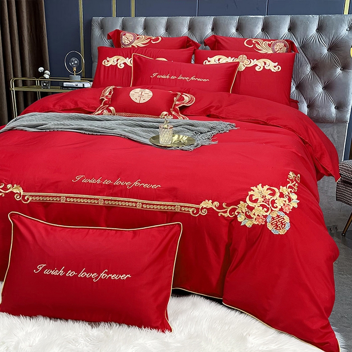 91家纺网 家纺一手货源 找家纺 慕她家纺 2026年全棉纯棉婚庆四件套大红色刺绣结床上用品（床盖款加40） 永浴爱河