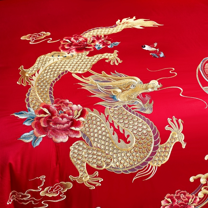 91家纺网 家纺一手货源 找家纺 慕她家纺 2026年全棉纯棉婚庆四件套大红色刺绣结床上用品（床盖款加40） 龙凤百子