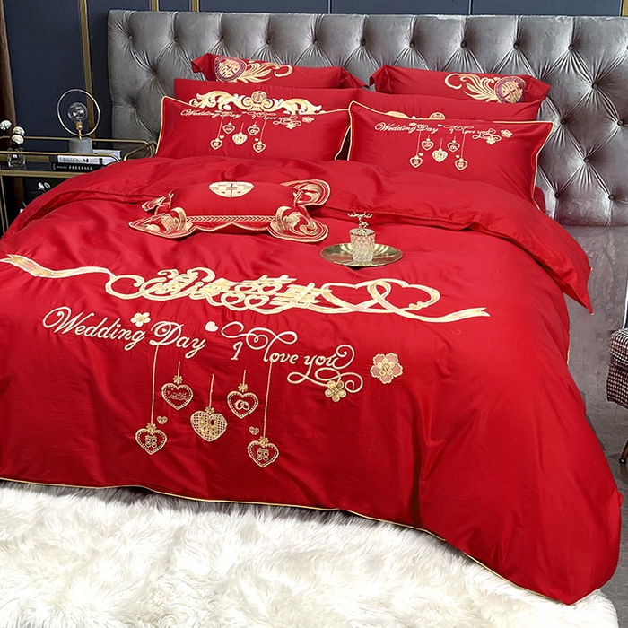 91家纺网 家纺一手货源 找家纺 慕她家纺 2026年全棉纯棉婚庆四件套大红色刺绣结床上用品（床盖款加40） 浪漫喜事