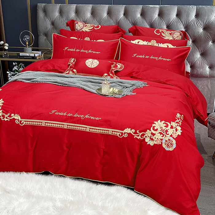 91家纺网 家纺一手货源 找家纺 慕她家纺 2026年全棉纯棉婚庆四件套大红色刺绣结床上用品（床盖款加40） 永浴爱河