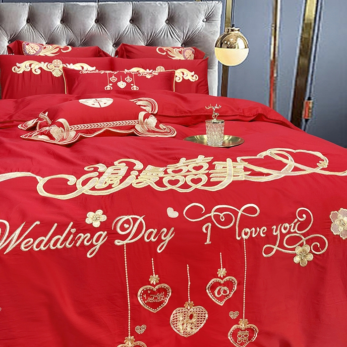 91家纺网 家纺一手货源 找家纺 慕她家纺 2026年全棉纯棉婚庆四件套大红色刺绣结床上用品（床盖款加40） 浪漫喜事