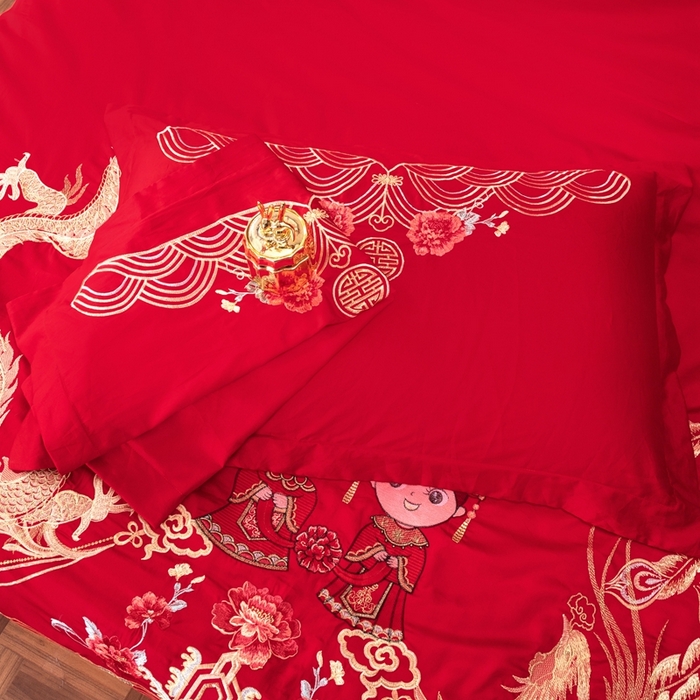91家纺网 家纺一手货源 找家纺 慕她家纺 2026年全棉纯棉婚庆四件套大红色刺绣结床上用品（床盖款加40） 龙凤迎亲