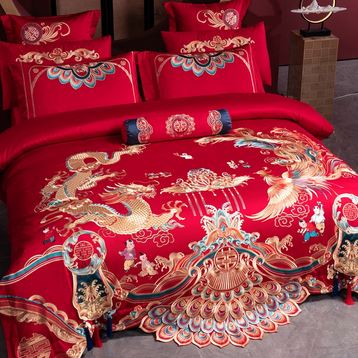 91家纺网 家纺一手货源 找家纺 慕她家纺 2026年全棉纯棉婚庆四件套大红色刺绣结床上用品（床盖款加40） 龙凤王朝
