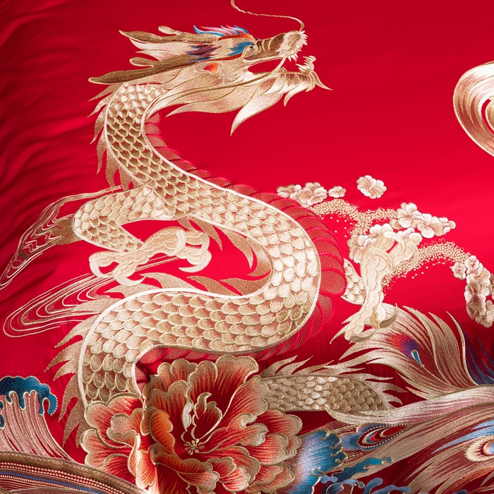 91家纺网 家纺一手货源 找家纺 慕她家纺 2026年全棉纯棉婚庆四件套大红色刺绣结床上用品（床盖款加40） 祥龙瑞凤