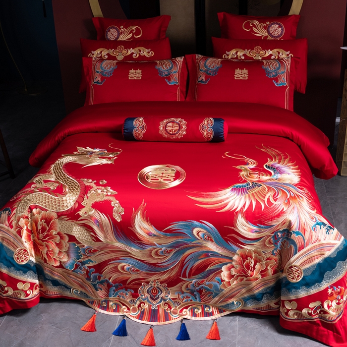 91家纺网 家纺一手货源 找家纺 慕她家纺 2026年全棉纯棉婚庆四件套大红色刺绣结床上用品（床盖款加40） 祥龙瑞凤