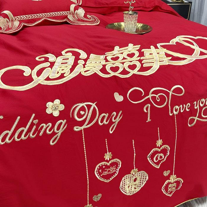 91家纺网 家纺一手货源 找家纺 慕她家纺 2026年全棉纯棉婚庆四件套大红色刺绣结床上用品（床盖款加40） 浪漫喜事