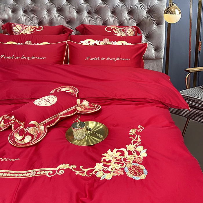 91家纺网 家纺一手货源 找家纺 慕她家纺 2026年全棉纯棉婚庆四件套大红色刺绣结床上用品（床盖款加40） 永浴爱河