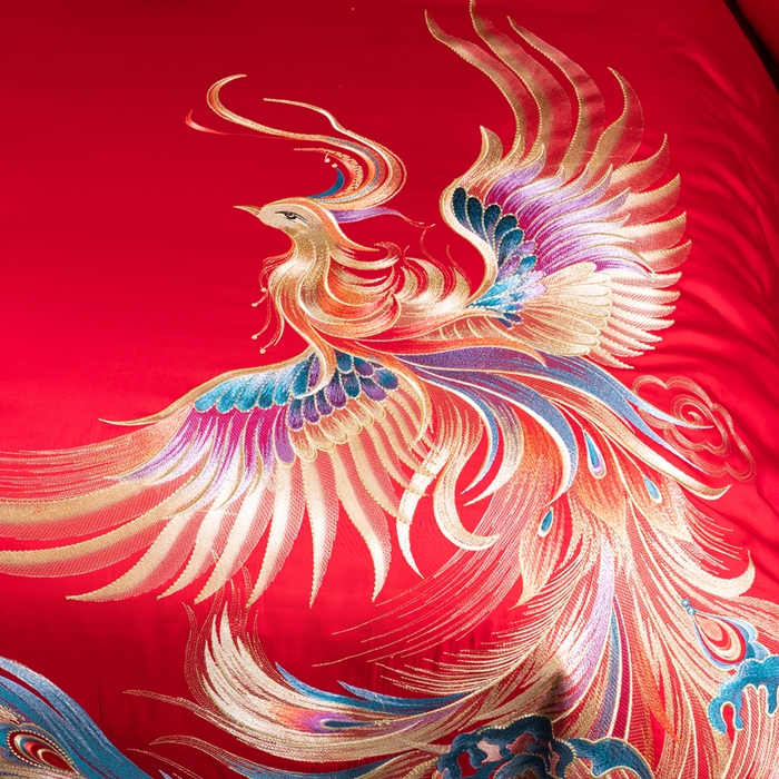 91家纺网 家纺一手货源 找家纺 慕她家纺 2026年全棉纯棉婚庆四件套大红色刺绣结床上用品（床盖款加40） 祥龙瑞凤