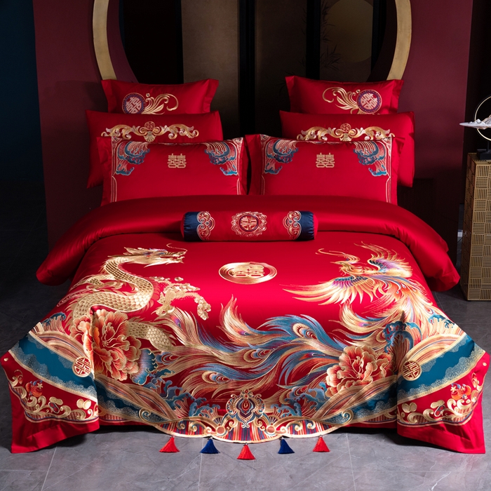 91家纺网 家纺一手货源 找家纺 慕她家纺 2026年全棉纯棉婚庆四件套大红色刺绣结床上用品（床盖款加40） 祥龙瑞凤