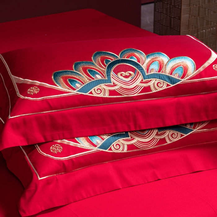 91家纺网 家纺一手货源 找家纺 慕她家纺 2026年全棉纯棉婚庆四件套大红色刺绣结床上用品（床盖款加40） 龙凤王朝