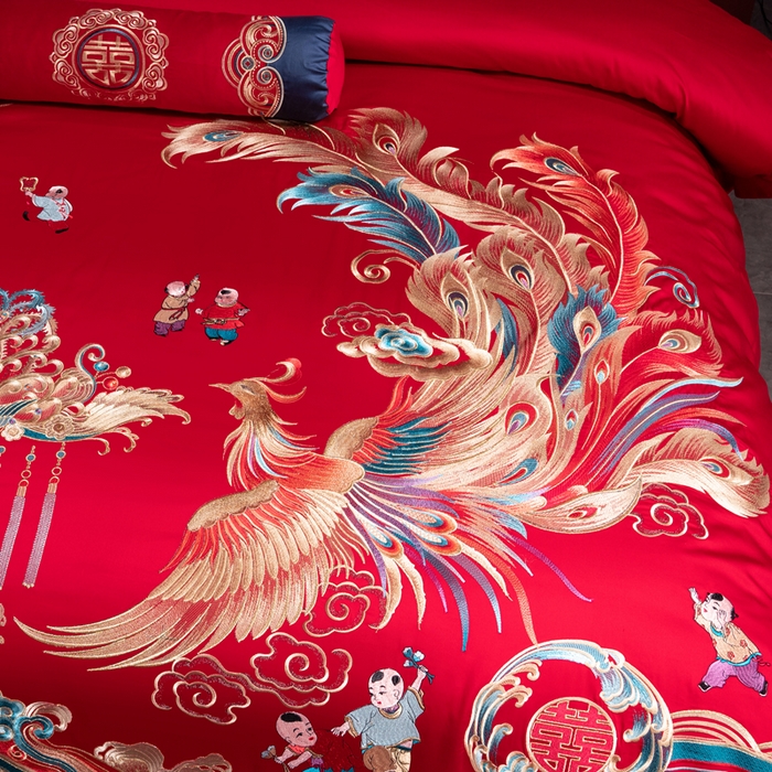 91家纺网 家纺一手货源 找家纺 慕她家纺 2026年全棉纯棉婚庆四件套大红色刺绣结床上用品（床盖款加40） 龙凤王朝