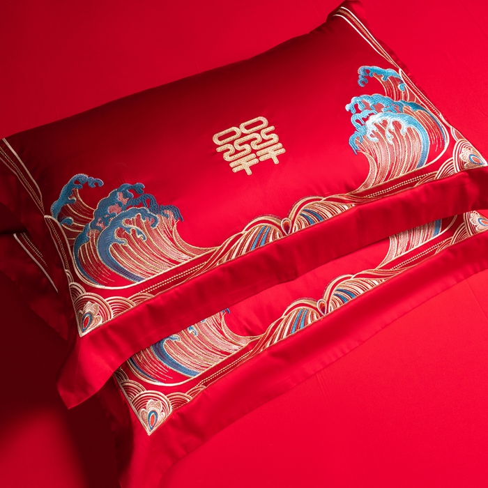 91家纺网 家纺一手货源 找家纺 慕她家纺 2026年全棉纯棉婚庆四件套大红色刺绣结床上用品（床盖款加40） 祥龙瑞凤