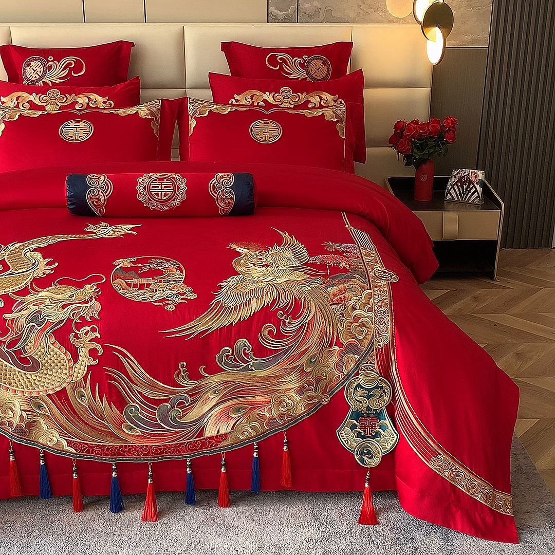 91家纺网 家纺一手货源 找家纺 慕她家纺 2026年全棉纯棉婚庆四件套大红色刺绣结床上用品（床盖款加40） 华贵龙凤