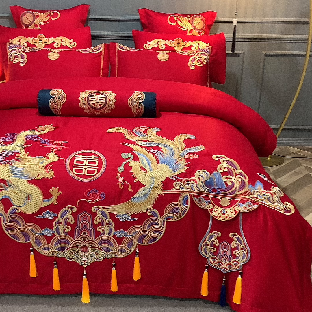 91家纺网 家纺一手货源 找家纺 慕她家纺 2026年全棉纯棉婚庆四件套大红色刺绣结床上用品（床盖款加40） 龙凤婚约