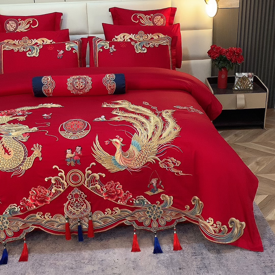 91家纺网 家纺一手货源 找家纺 慕她家纺 2026年全棉纯棉婚庆四件套大红色刺绣结床上用品（床盖款加40） 龙凤百子