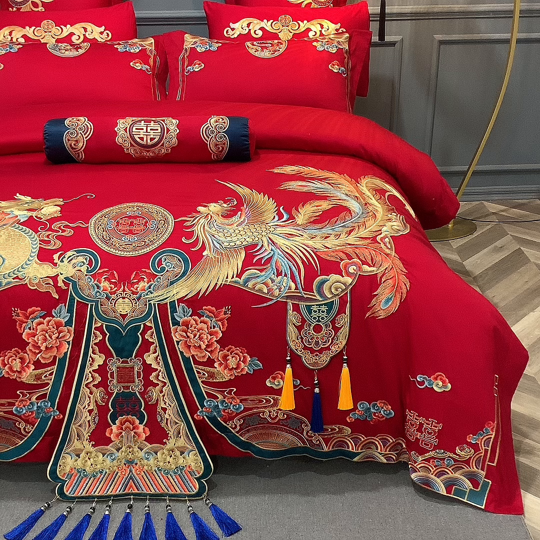 91家纺网 家纺一手货源 找家纺 慕她家纺 2026年全棉纯棉婚庆四件套大红色刺绣结床上用品（床盖款加40） 礼赞唐朝