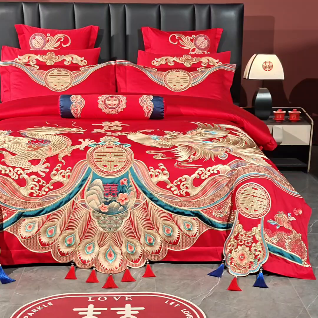 91家纺网 家纺一手货源 找家纺 慕她家纺 2026年全棉纯棉婚庆四件套大红色刺绣结床上用品（床盖款加40） 盛唐婚礼