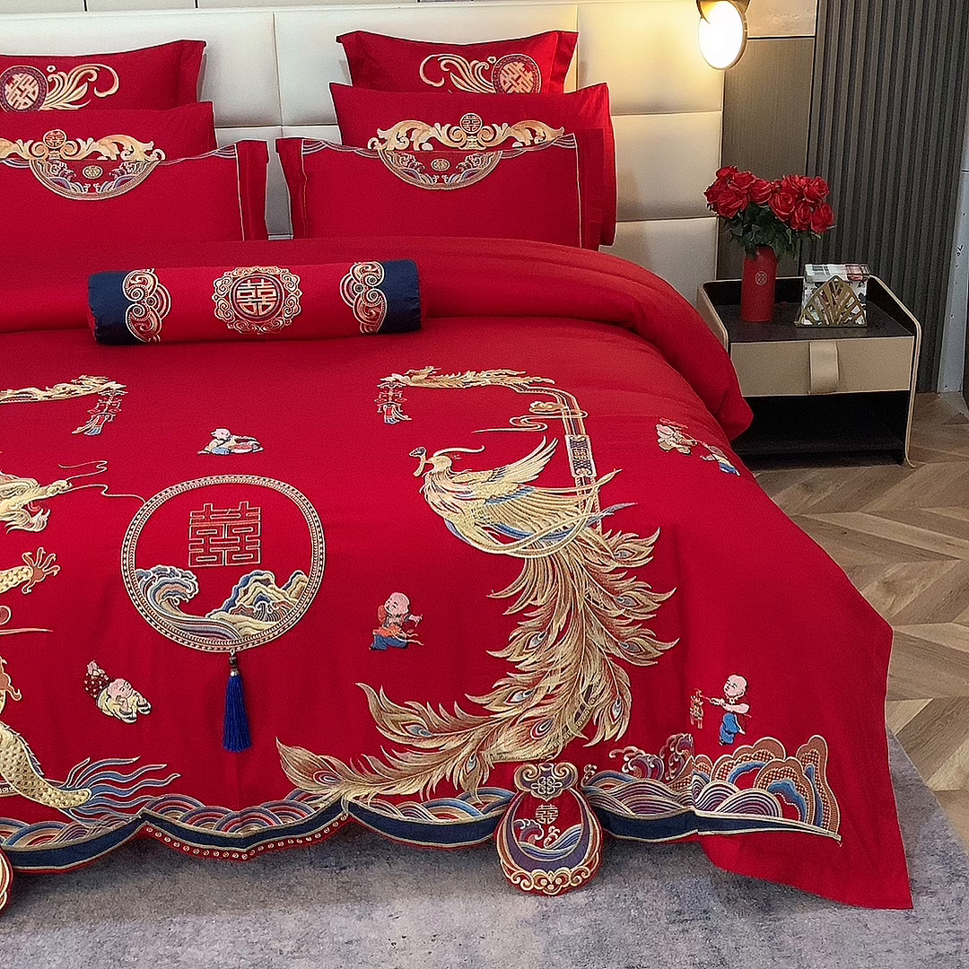 91家纺网 家纺一手货源 找家纺 慕她家纺 2026年全棉纯棉婚庆四件套大红色刺绣结床上用品（床盖款加40） 龙凤瑞彩