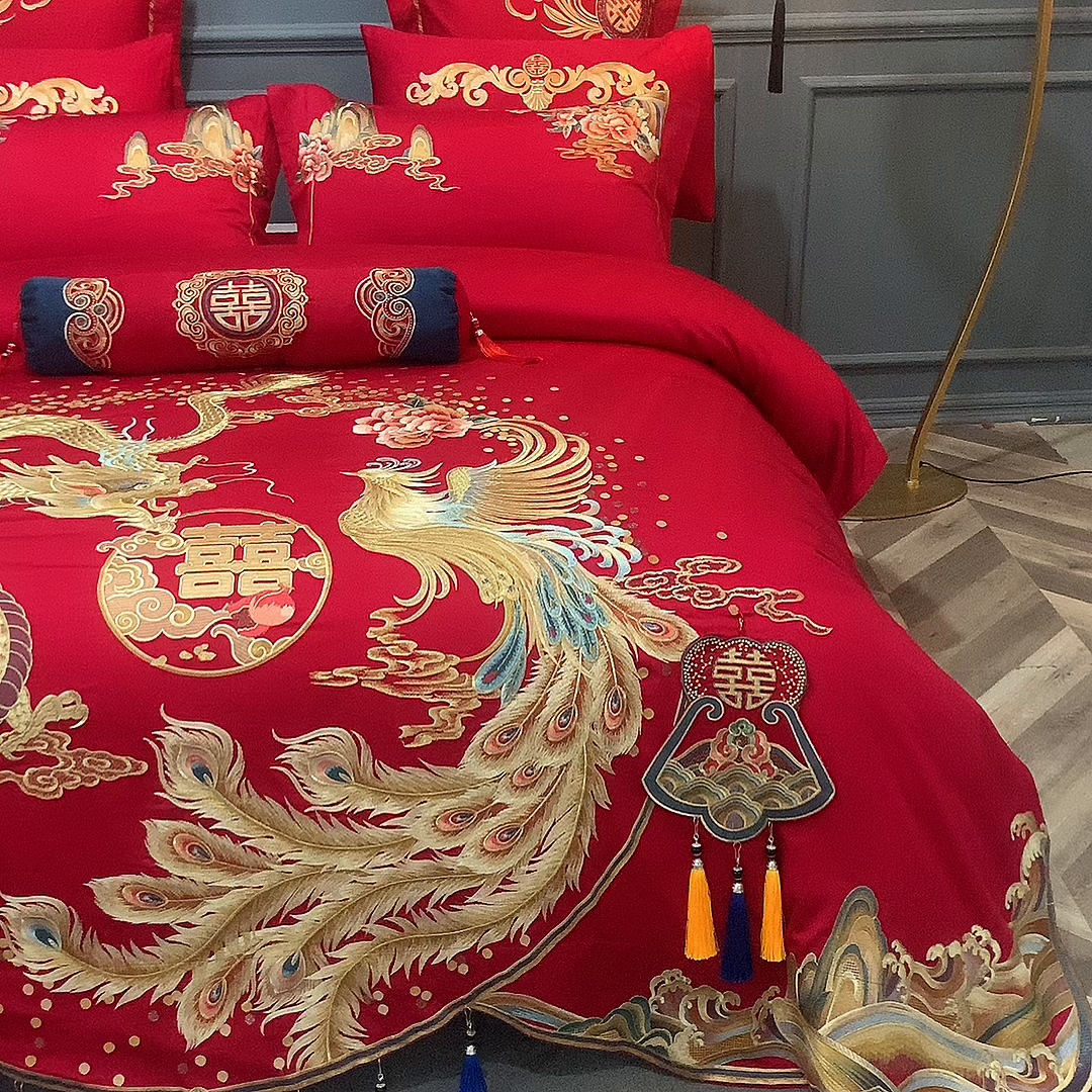 91家纺网 家纺一手货源 找家纺 慕她家纺 2026年全棉纯棉婚庆四件套大红色刺绣结床上用品（床盖款加40） 琴瑟和鸣
